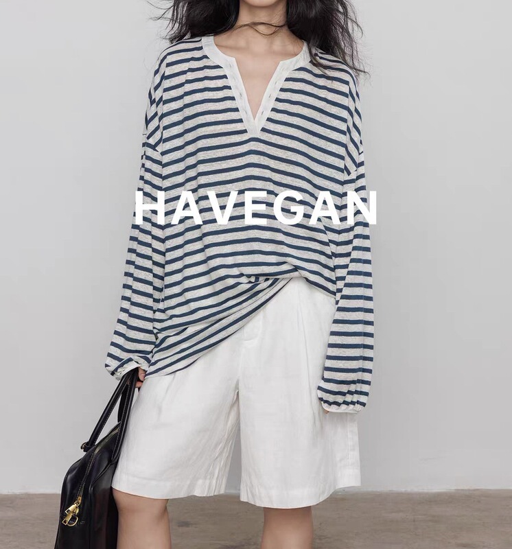 Havegan/Designed V-Neck Linen Stripesd Long-Sleeved T-Shirt for Women Summer Sun Protection Thin Holiday Style Top