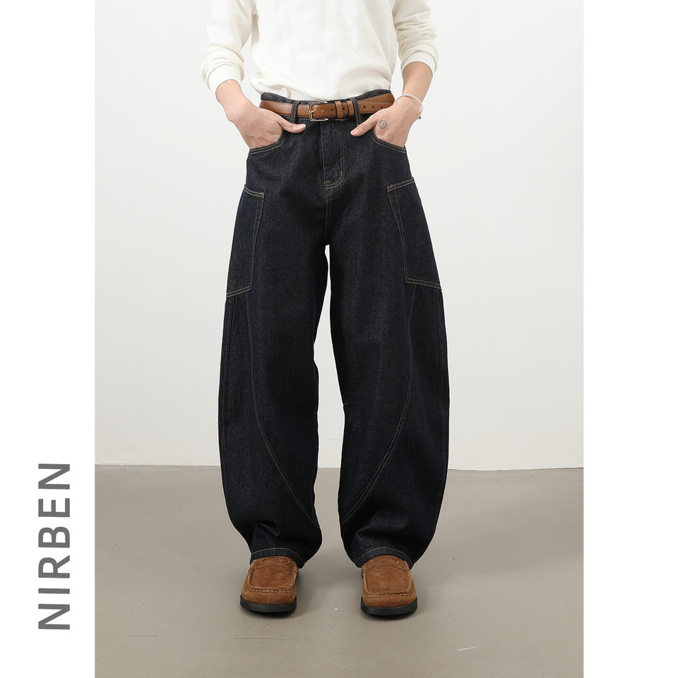 Quần jean nam ống rộng phong cách đường phố retro, nhiều túi hộp, dáng lỏng lẻo — Denim đen, Trắng, màu hồng, màu xanh