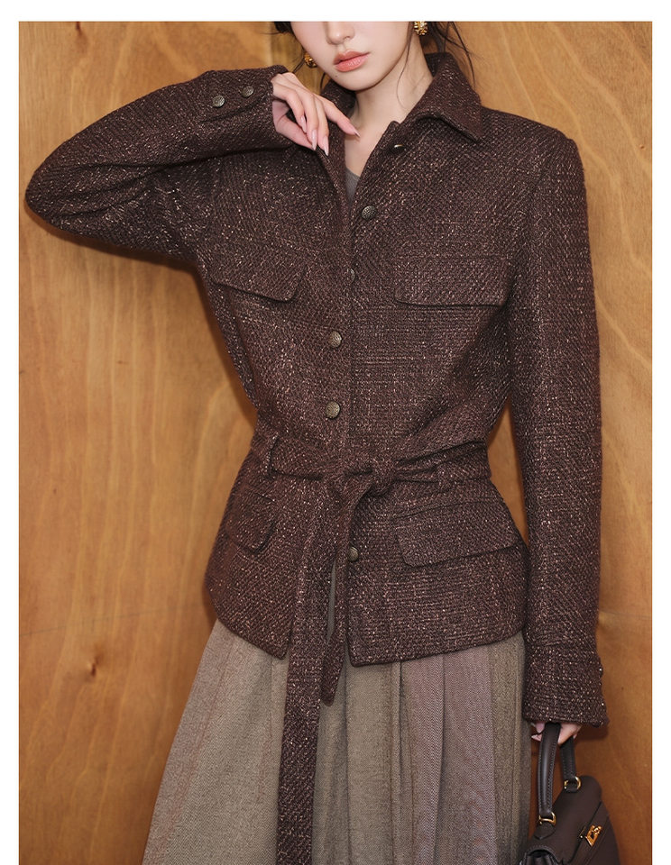Áo khoác nữ dáng ngắn dạ tweed len có thắt lưng kiểu sơ mi chiết eo — Màu đỏ rượu Port chi tiết 11