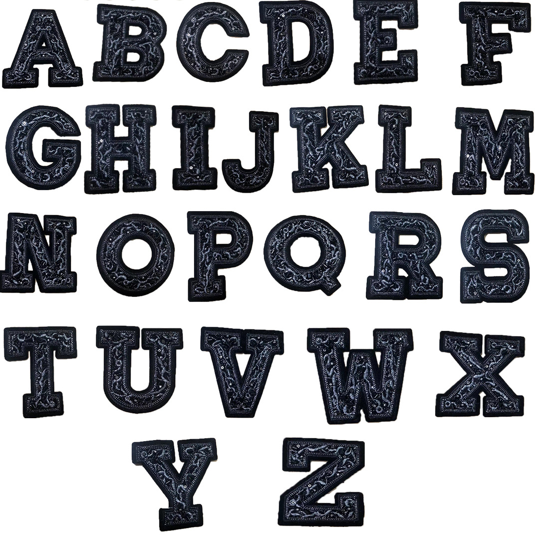 建连跨境黑管银珠26个英文字母鞋箱包装饰衣服补丁贴服装辅料现货