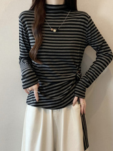 半高领条纹正肩长袖T恤女2025早秋季大码胖mm收腰显瘦打底衫上衣