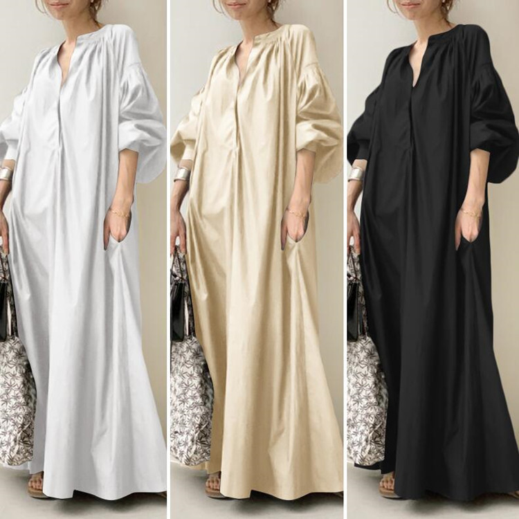 2023 cross-border AliExpress elegant commuter solid color cotton and linen loose lantern sleeve loose large swing dress
