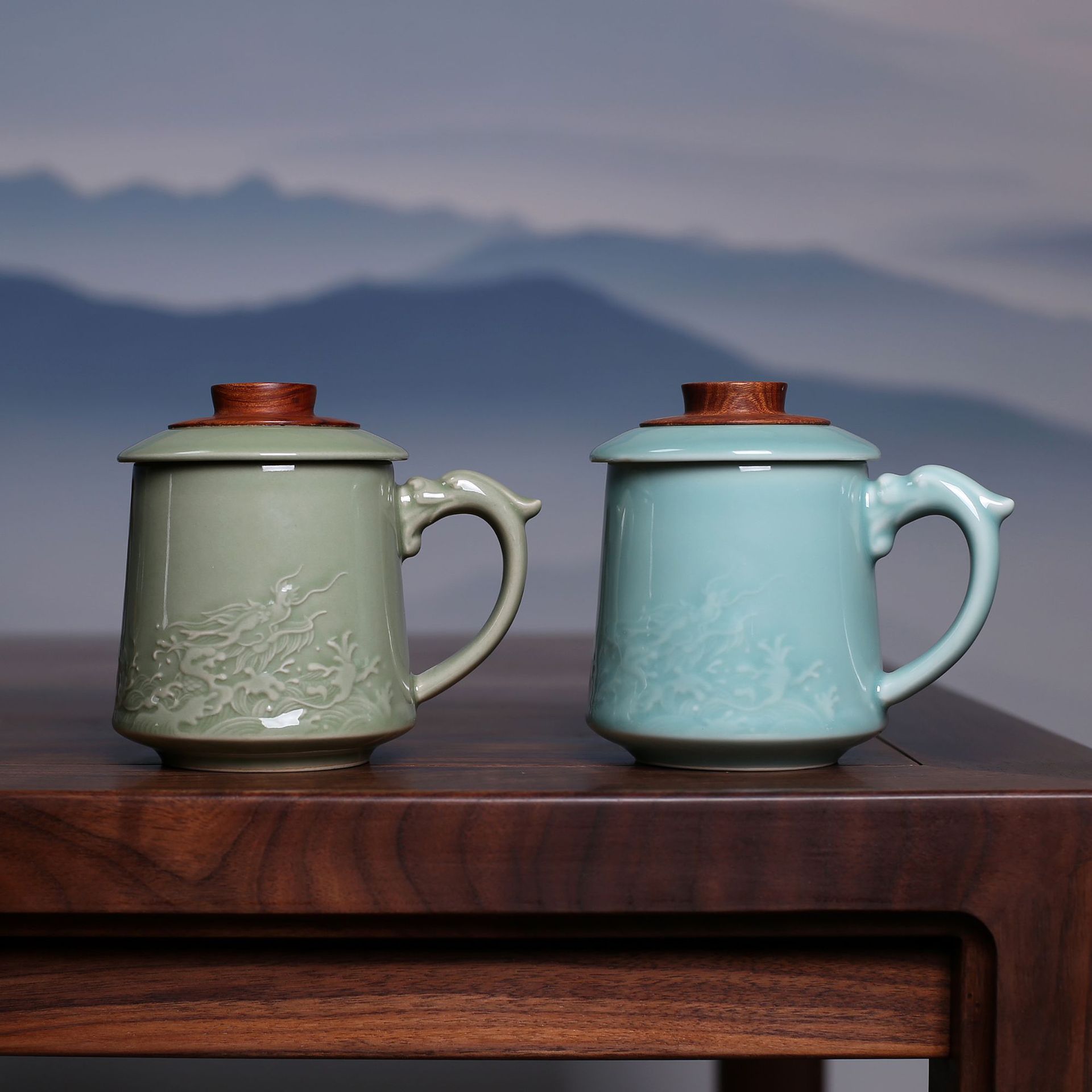 龙泉青瓷高档陶瓷杯木盖龙出海新中式复古茶杯家用主人杯会客水杯