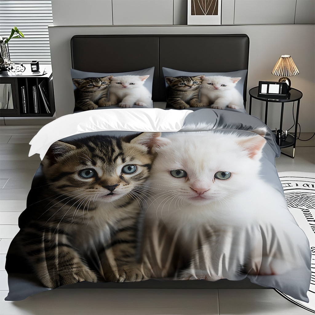 TEMU / JIT adorable gatito impresión digital suave set de colcha de edredón textil para el hogar se puede diseñar venta directa de fábrica
