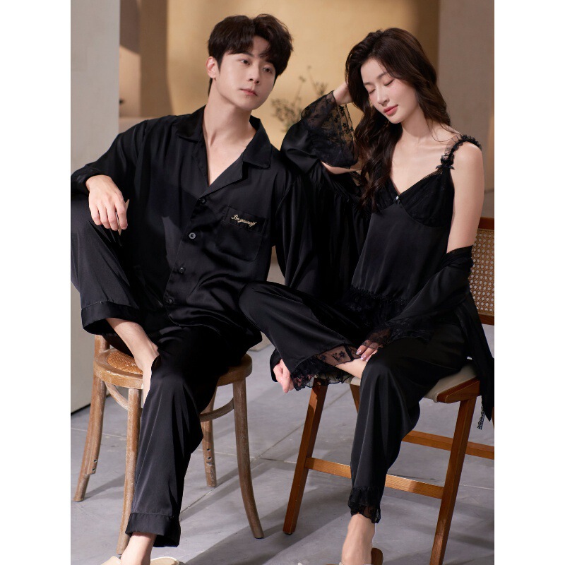 Ice Silk Couple's Pajamas for Women, Spring and Summer Sexy Camisole Long-Sleeve Lace Three-Piece Set, Men's Loungewear Ice Silk Couple's Pajamas for Women, Spring and Summer Sexy Camisole Long-Sleeve Lace Three-Piece Set, Men's Loungewear