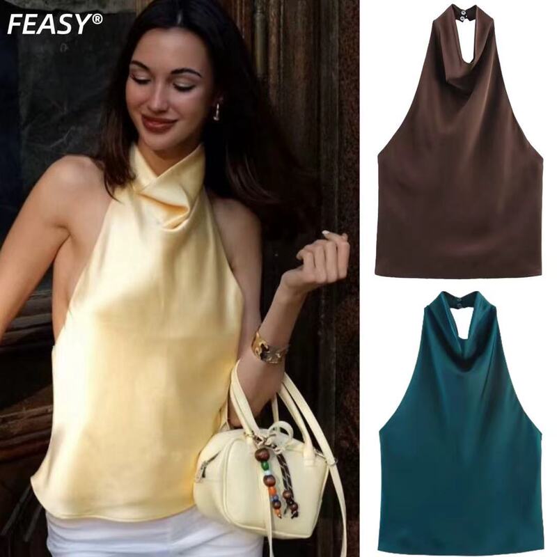 Aliexpress Cross-Border Foreign Trade Wholesale 2026 Summer New European and American Style Silk Satin Texture Elegant Halter Neck Top for Women Aliexpress Cross-Border Foreign Trade Wholesale 2026 Summer New European and American Style Silk Satin Texture Elegant Halter Neck Top for Women