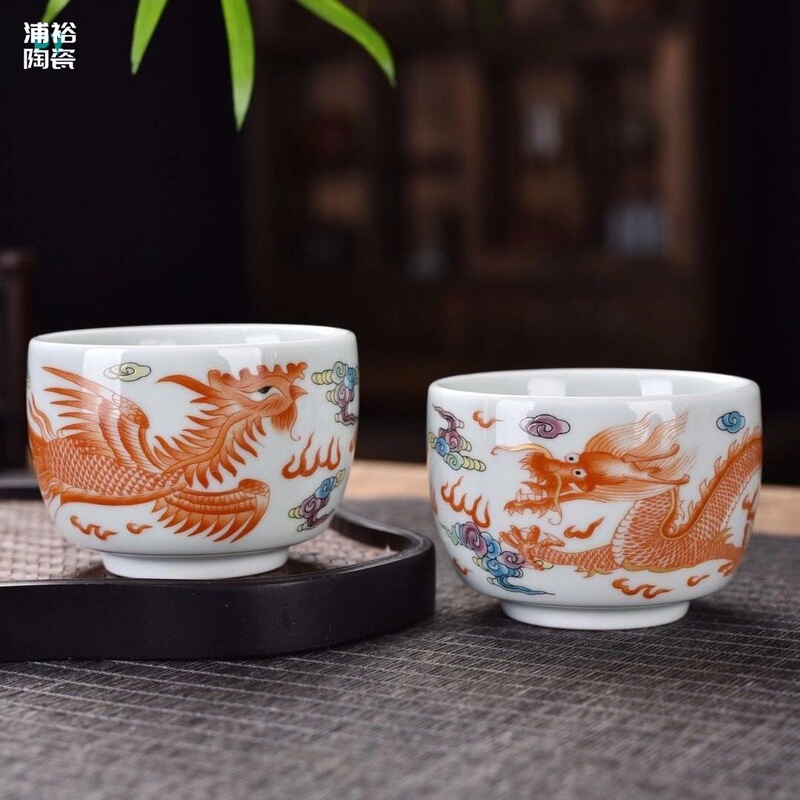 Antique Tea Cup Ceramic Blue and Flower Underglaze Red Master Cup Kung Fu Tea Set Tea Cup Chinese Style Dragon and Phoenix Cup Tea Tasting Cup