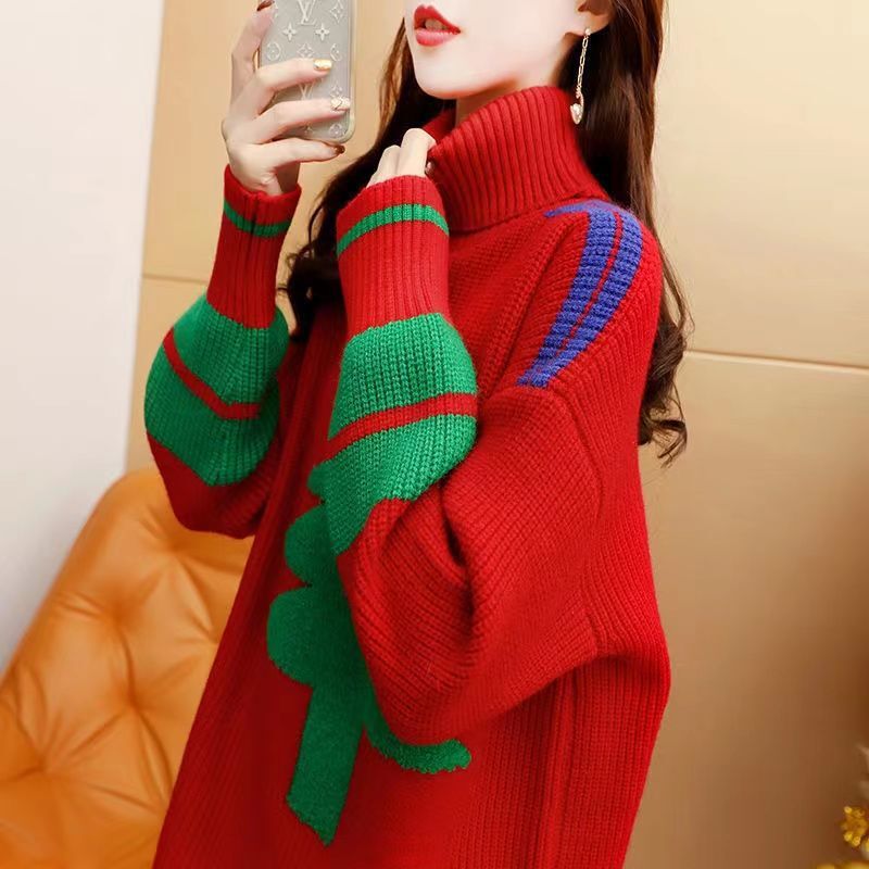 Plus-Size Red Christmas Sweater for Women, Thickened, Mid-Length, Trendy on Instagram, Winter 2025 New Model
