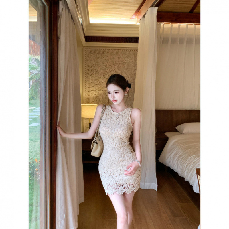 French-Style Hollow Lace Vest Dress for Women, New Summer Model, Waist-Cinching Slimming Gown, Elegant Bodycon Short Dress French-Style Hollow Lace Vest Dress for Women, New Summer Model, Waist-Cinching Slimming Gown, Elegant Bodycon Short Dress