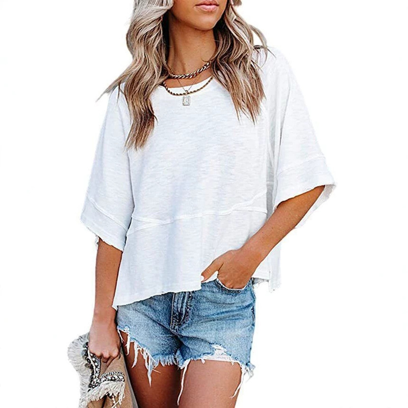 2026 Amazon Cross-Border Summer New European and American Style Patchwork Solid Color Round Neck Loose Top T-Shirt with Five-Quarter Flared Sleeves 2026 Amazon Cross-Border Summer New European and American Style Patchwork Solid Color Round Neck Loose Top T-Shirt with Five-Quarter Flared Sleeves