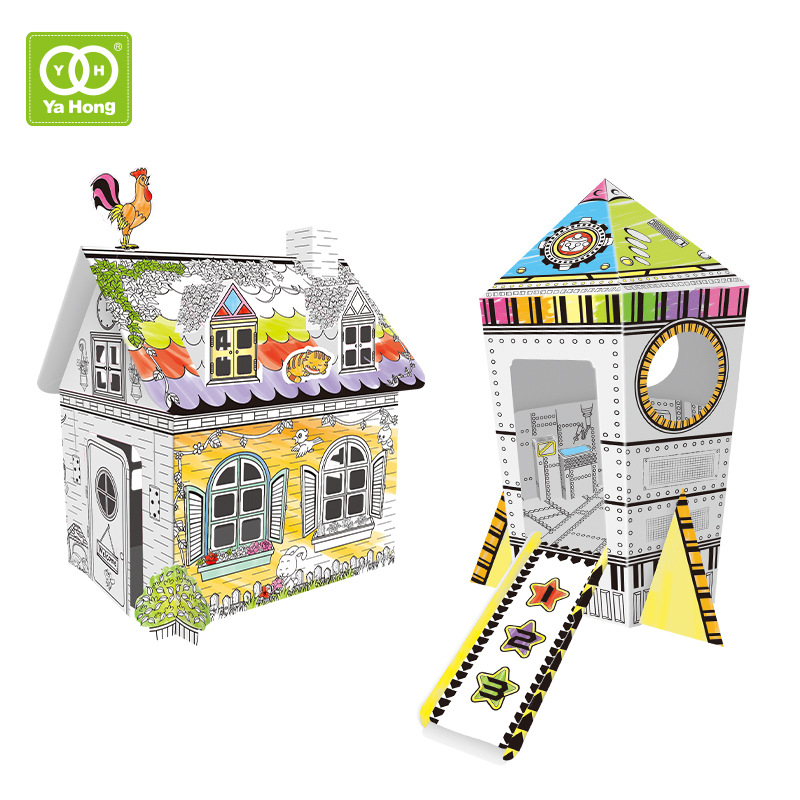 Juguete de cartón de montaje de graffiti de bricolaje para niños 3D pintura de la casa de papel tridimensional se puede pintar en color castillo espacio casa de cohetes