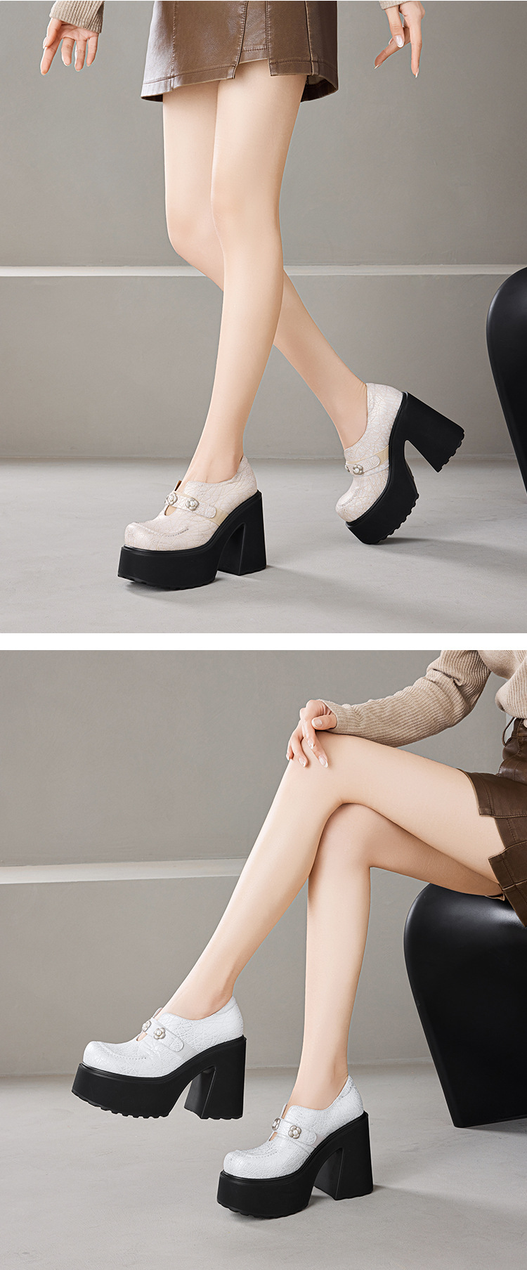 Giày loafer nữ đế xuồng da thật gót vuông 12 cm phong cách Anh quốc — màu đen chi tiết 4