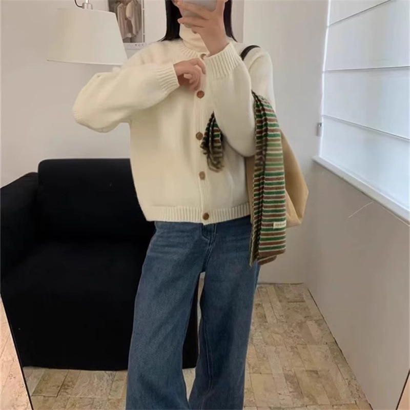 韩系宽松圆领单排扣软糯毛衣开衫女2025秋款慵懒风针织开外套上衣|undefined