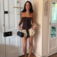 跨境秋季欧美新款时尚拼接前中飘带纯色修身显瘦街头风小吊带上衣