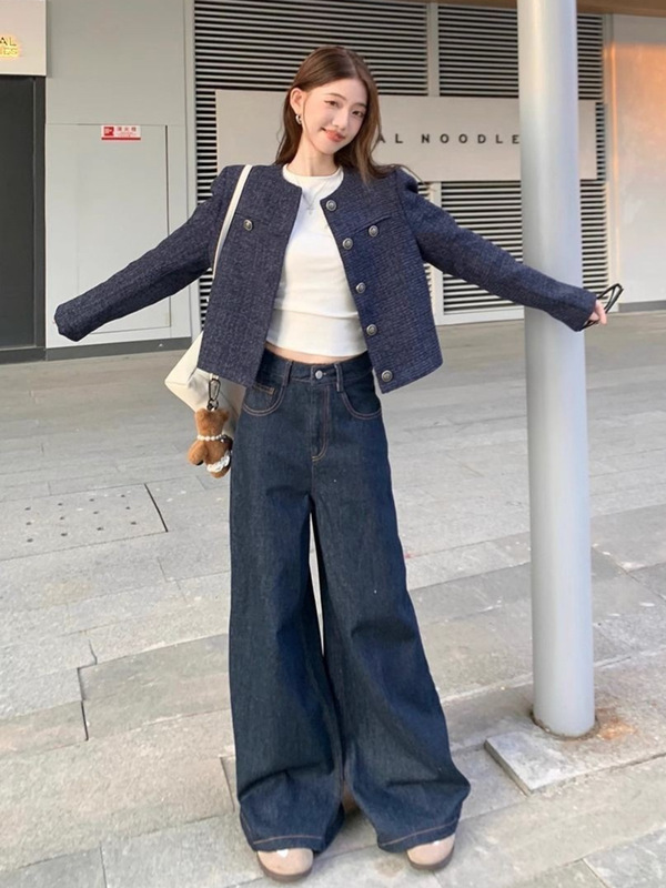 藏蓝色法式小香风松弛感外套女2025秋冬款休闲气质长袖开衫短上衣|undefined