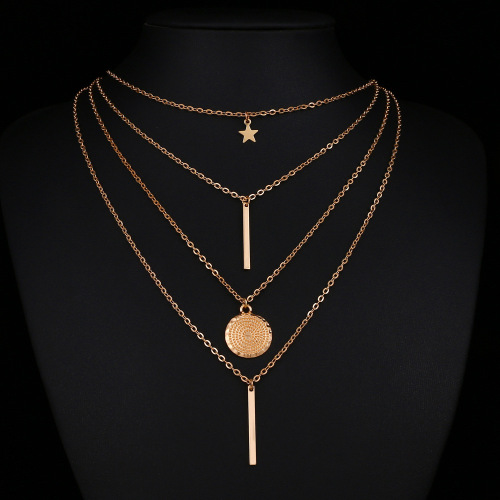 Retro Pentagram Long-Handle Pendant Multi-Layer Necklace | Trendy Four-Layer Combined Chain Set Necklace Jewelry from Europe and America