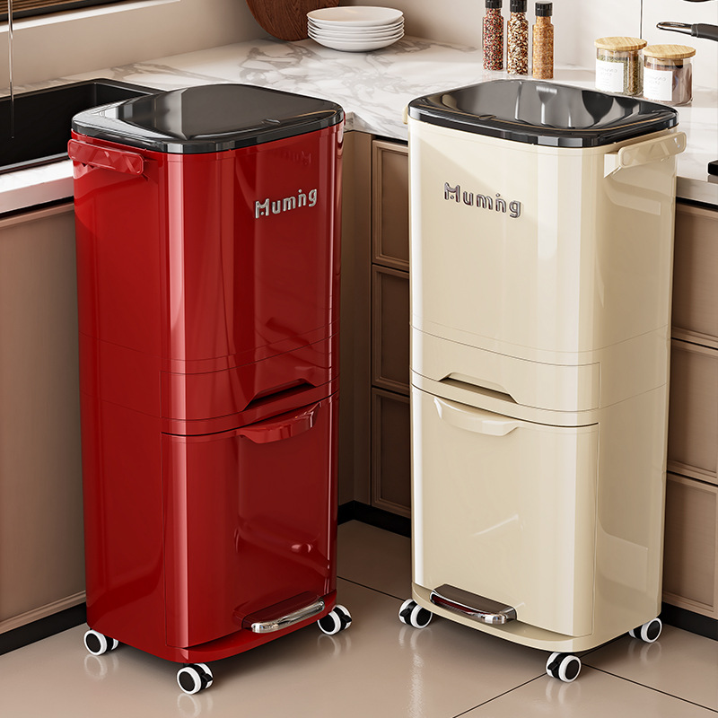 Tall trash can for home kitchen, double-layer dry and wet separation sorting bin, movable large-capacity kitchen waste bin Tall trash can for home kitchen, double-layer dry and wet separation sorting bin, movable large-capacity kitchen waste bin