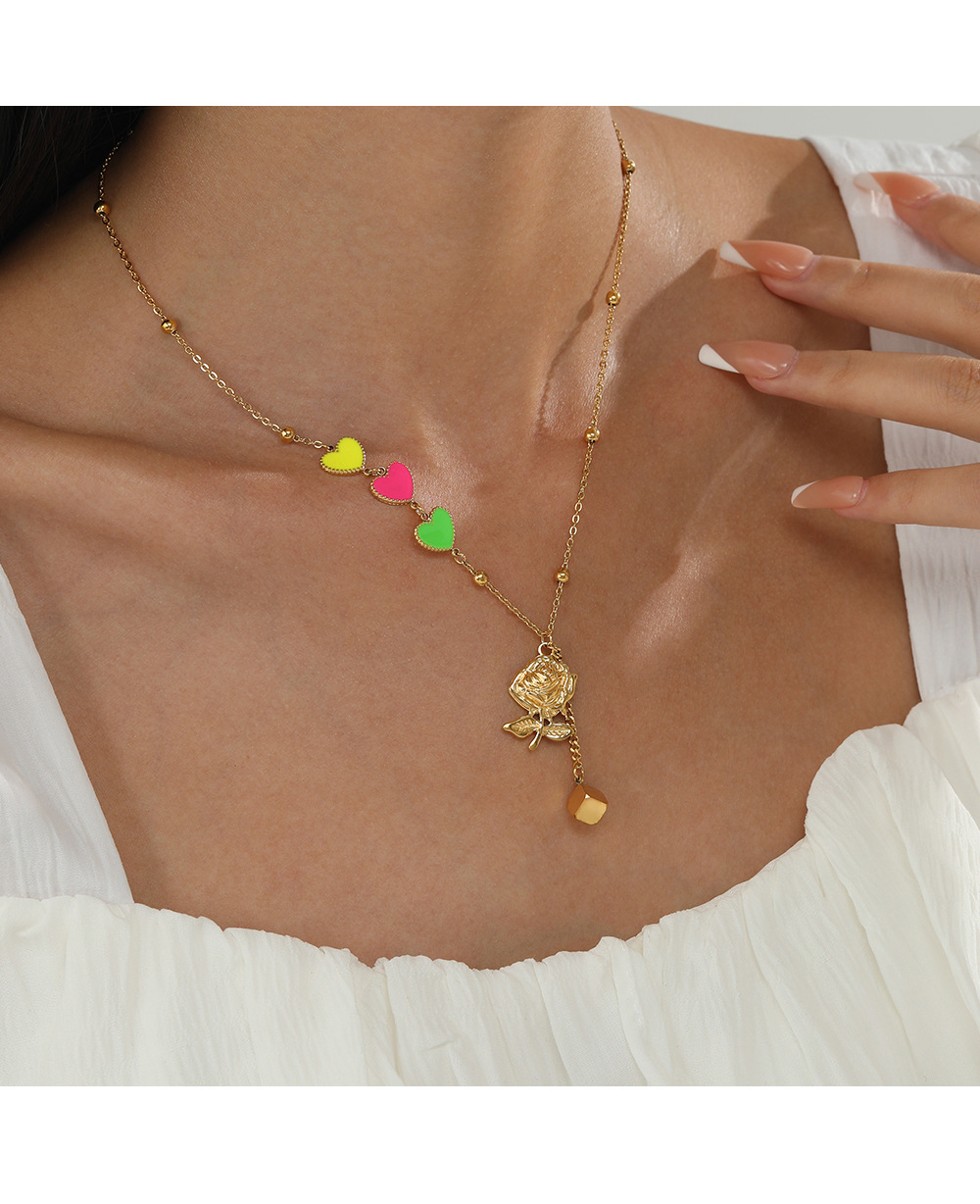 Fashion Heart Shape Rose Stainless Steel Titanium Steel Enamel Plating Pendant Necklace 1 Piece