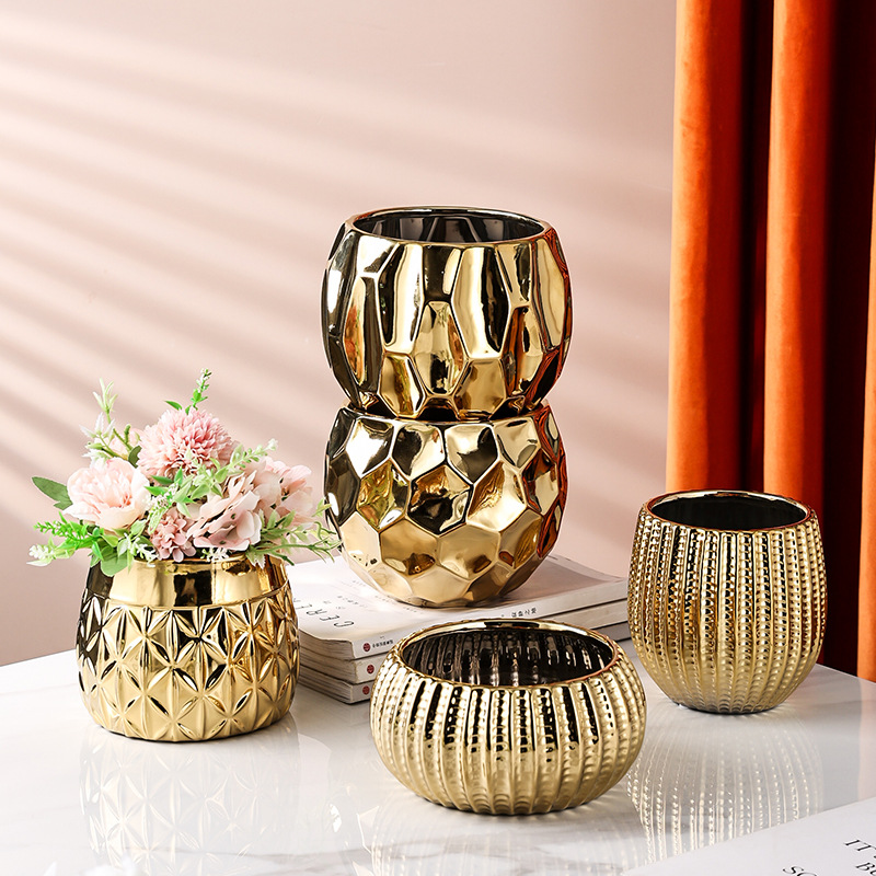 新款简约浮雕陶瓷花盆椭圆多肉花盆小花瓶几何造型陶瓷银色花瓶