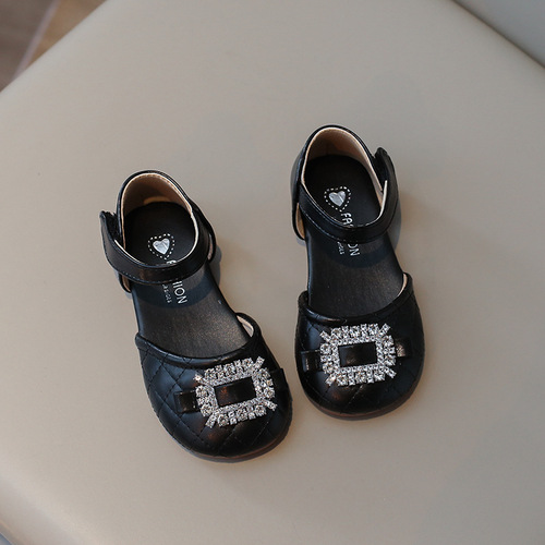 Korean version of girls' princess shoes 2024 spring and summer new children's fashion leather shoes baby soft sole rhinestone dance shoes