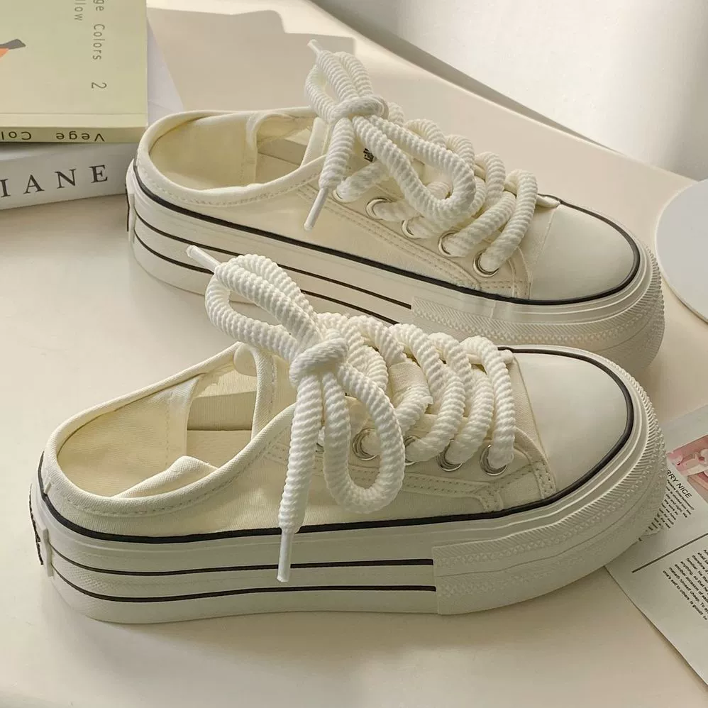 Крем белый с толстой подошной двумя брезентовыми туфлями женские 2024 новые летние туфли