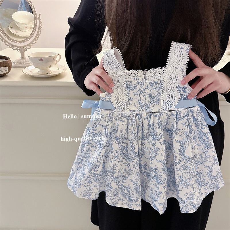Vestido de bebé de siete meses de limón salado, falda de chaleco de encaje de encaje de lazo de porcelana azul y blanca de niña coreana