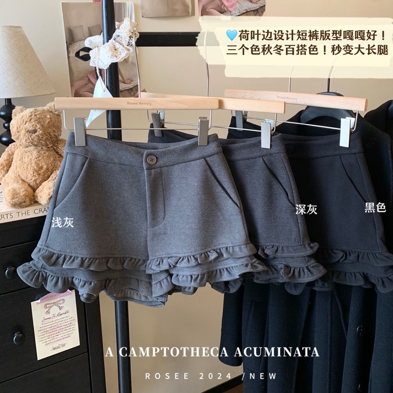 Ruffle plus size Woolen Shorts Women's Autumn and Winter New High Waist Slimming Small Men's Straight Casual Wide Leg Hot Pants Ruffle plus size Woolen Shorts Women's Autumn and Winter New High Waist Slimming Small Men's Straight Casual Wide Leg Hot Pants