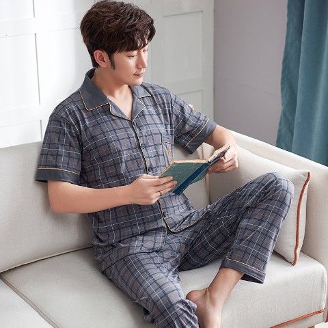 Pijamas de verano para hombre 100% algodón pantalones de manga corta verano para hombres jóvenes más tamaño Delgado homewear traje de hombre