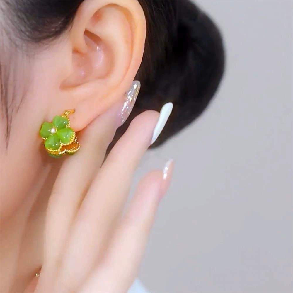 Серьги с двухсторонней четырехлистной клевером и глазом кота, медная позолота, зелёный или белый
