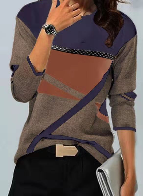 Ropa de mujer transfronteriza europea y americana compatible con varias plataformas, nueva camiseta de manga larga con cuello redondo y estampado de posicionamiento en contraste