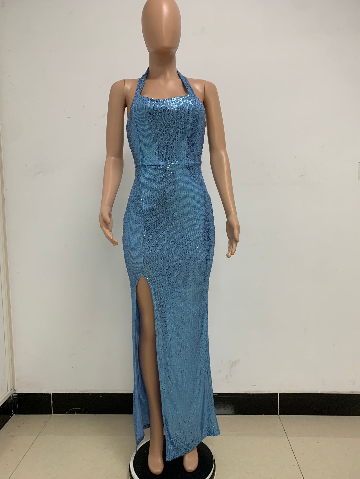 350g Weight Maxi Long Dress Dress Length Type Sleeveless Sleeve Length Party Dress Dresses Type Spandex, Polyester Fabric Type High Waist Waist Line Banquet, Party Occasion Halter Neck Neckline Slim Fit Type Solid Color Pattern Summer, Spring, Autumn Season Women's Gender Sequins Design Elegant, Sexy Style Wholesale Women's Elegant Sexy Sequins Solid Color Banquet Party Halter Neck Sleeveless Party Dress 47