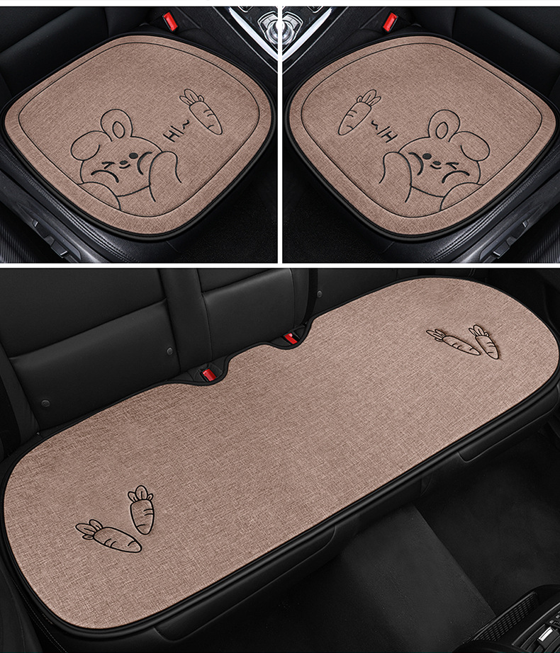Car Seat Cushion, Universal for All Seasons, Linen Fabric, Cartoon Three-Piece Set, Single-Piece Cotton Seat Cushion, Non-Slip Rear Seat Long Cushion