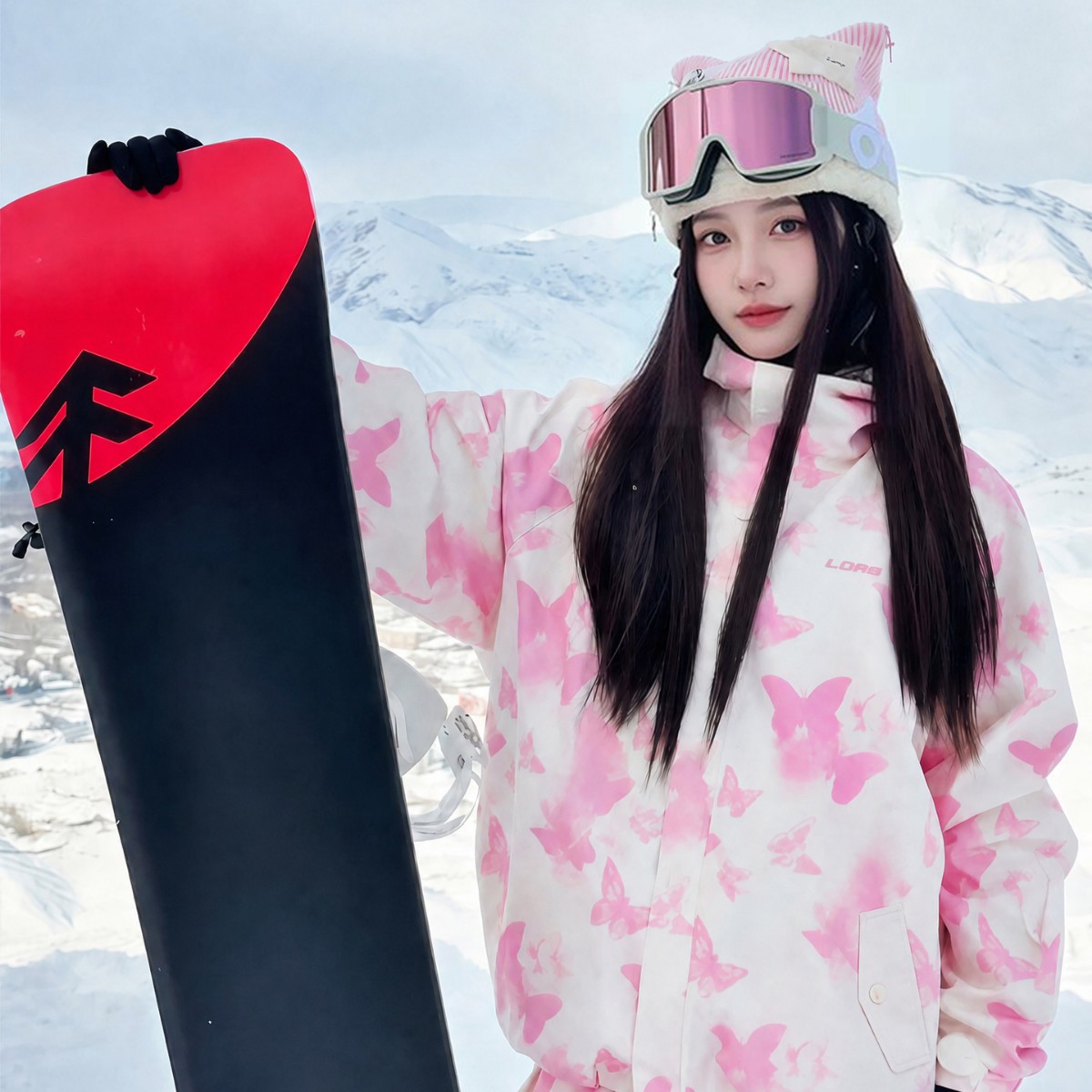 Ldab Pink and White Butterfly Ski Suit for Women 2026 Autumn and Winter New Dopamine Style Petite Outdoor Ski Jacket