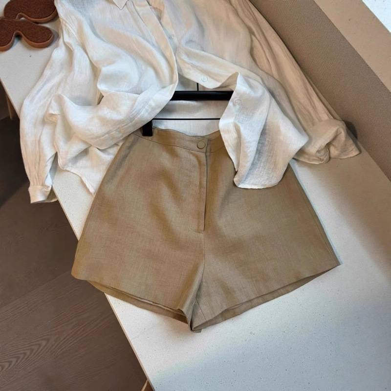 CHAO火推荐！老钱风~高支高密卡其色亚麻短裤女袭击新款短裤子