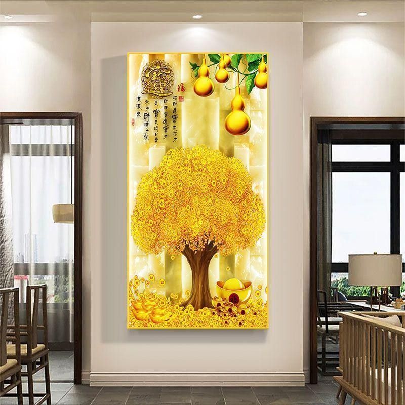 玄关装饰画自粘招财进宝高档贴画现代轻奢黄金满地五福临门发财树|undefined
