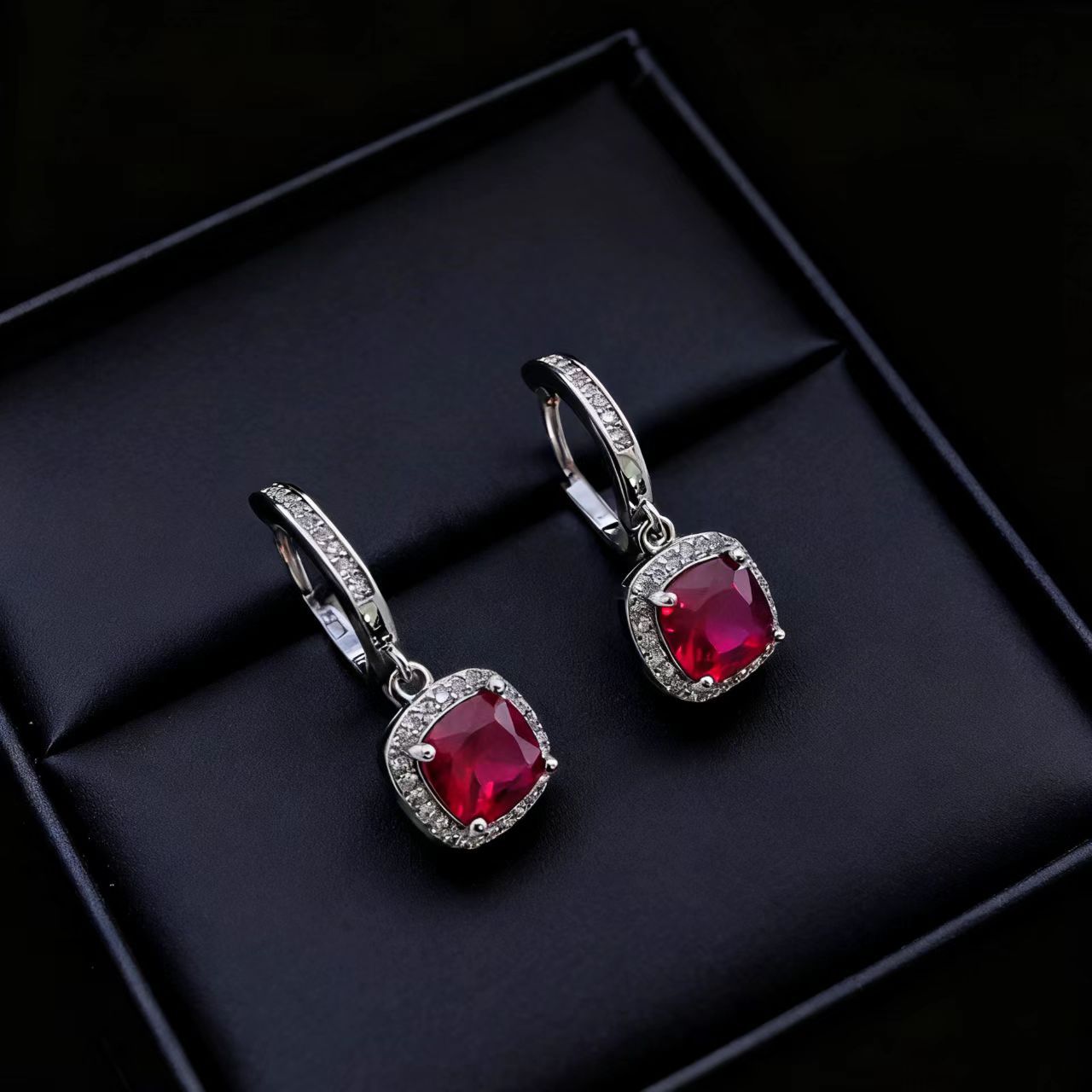 Fashion Jewelry Earrings with Simulated Ruby Square Ear Cuffs for Women, Versatile Sugar Cube Cultured Gemstone Earrings, Light Luxury Ear Pendants