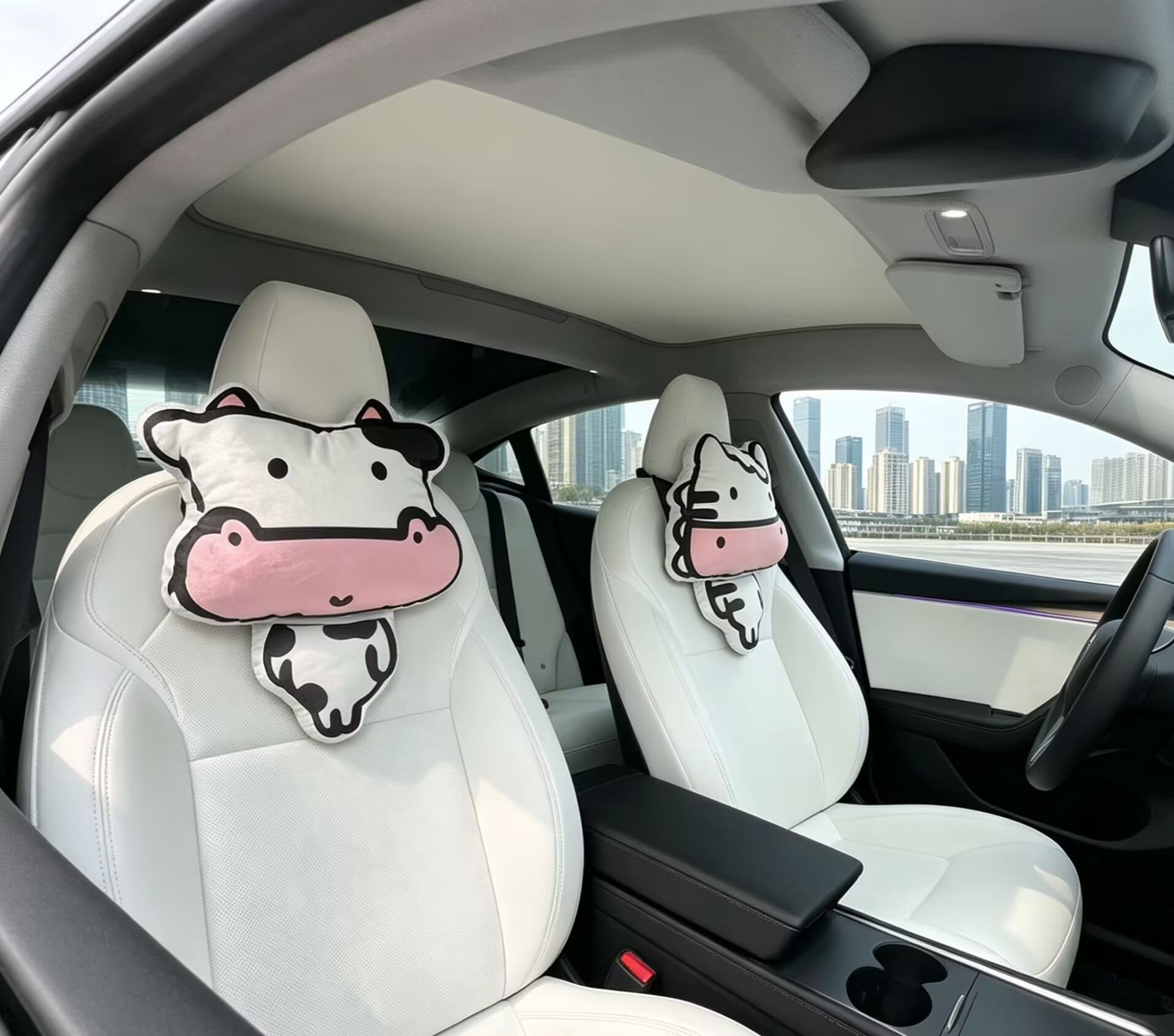 Cow and Horse Headrests, Car Headrests, Quirky and Personalized Headrests, Happy Little Cow and Horse Cartoon Headrests, Neck Pillows for Office Workers