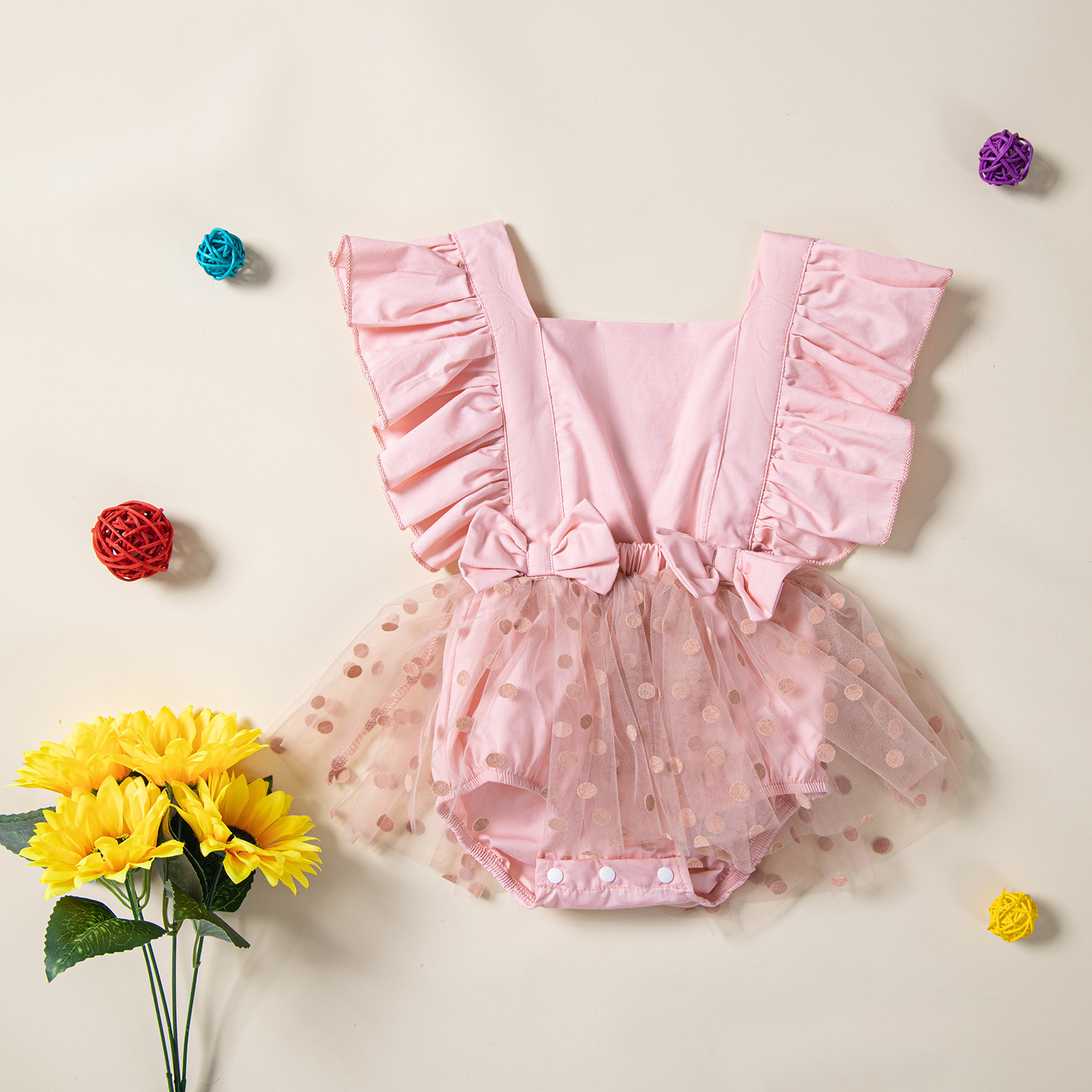 Samgamibaby foreign trade children's clothing summer new baby girl sweet ha clothes cute bow mesh climbing suit