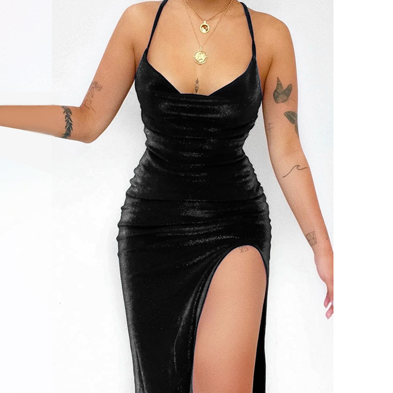 Autumn Sexy Socialite Sexy Slim Fit Camisole Gown Shiny Split Dress Women