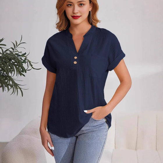 AliExpress 2025 European and American Summer Solid Color Button Short-sleeved Women's Shirt Cotton Linen Washed Breathable Fashion V-neck