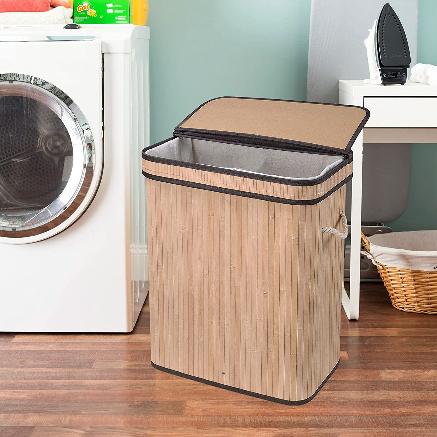 Cross-Border Dust-Proof Laundry Basket Dirty Clothes Basket Bamboo Storage Basket Bamboo Folding Woven Dirty Clothes Storage Bucket Wholesale
