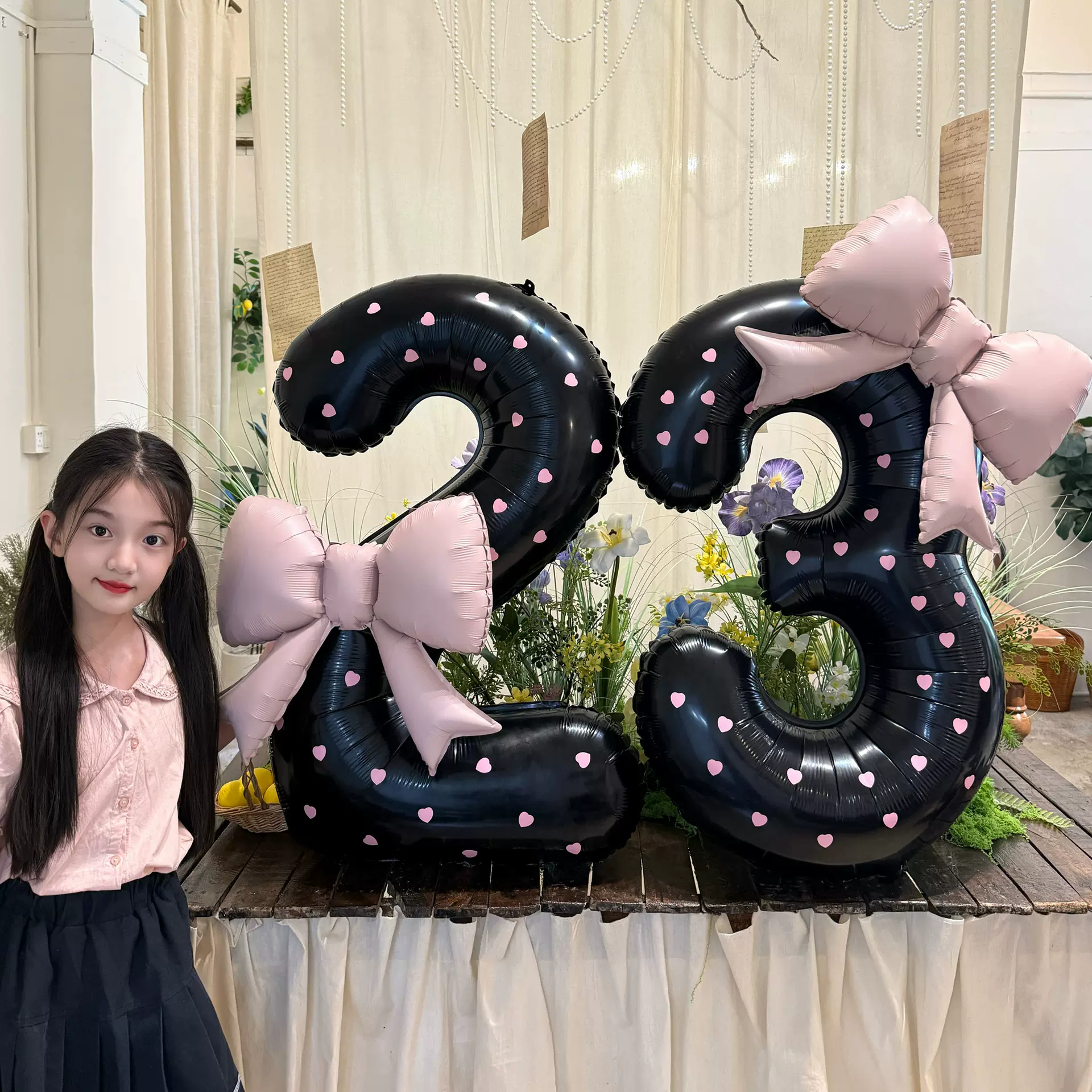 40寸黑色波点数字蝴蝶结装饰生日拍照氛围场景装饰周岁派对道具