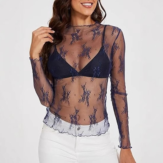 wish2025 European and American Spring Hot Mesh Long Sleeve Flower Embroidery Perspective Base Crewneck T-shirt Top Women