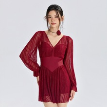 舒漫复古V领连体蕾丝泳衣女显瘦遮肉裙式大码聚拢温泉度假游泳装