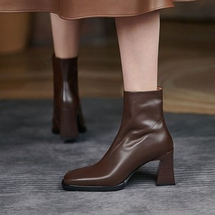 Autumn and Winter New European and American Explosions High Heel Women's Short Boots Fashion Square Head Thick Heel Fashion Women's Boots Side Zipper Women's Shoes Leather Boots