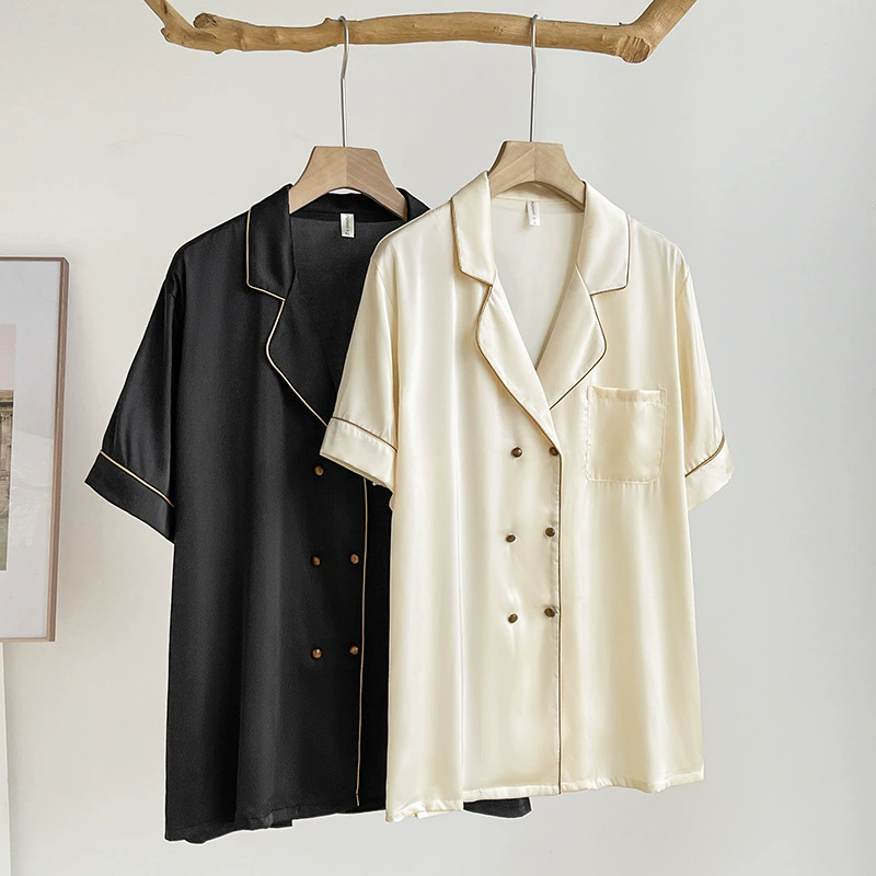 Французский двухбортный новый сплошной цвет летом премиум-класса тонкий лед и шелковая пижама для женщин можно носить на улице