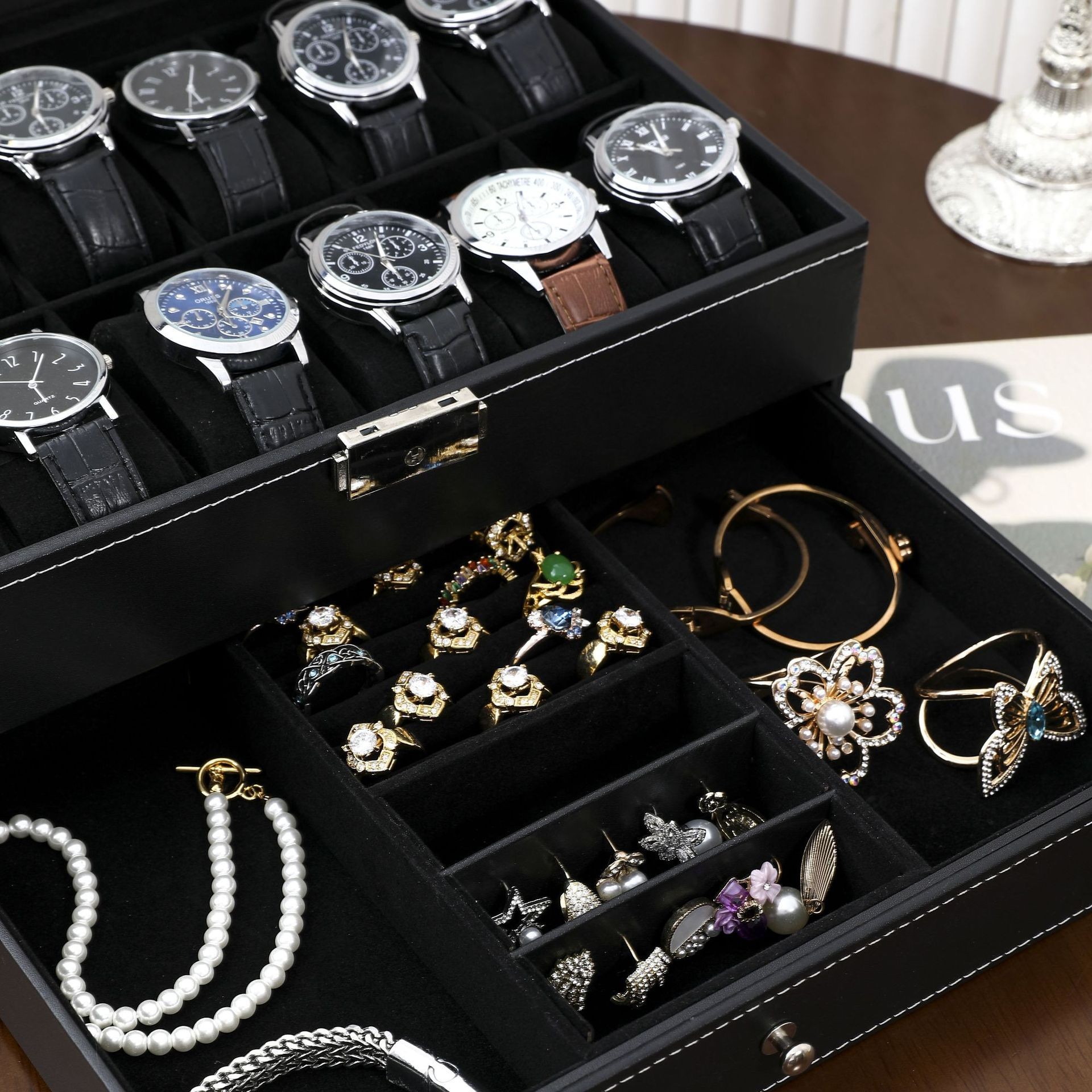 Watch Box Double Layer 12-Bit Watch Jewelry Storage Box Pu Window Transparent Jewelry Box Jewelry Storage Box