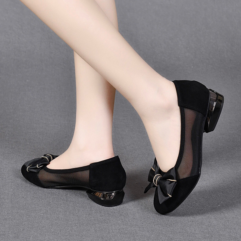 Giày da nữ mũi tròn gót thô đế mềm nơ bướm lưới thoáng khí — Màu đen