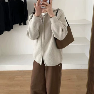 翻领双拉链纯色针织开衫女2026秋冬设计感通勤外套小个子蓝色毛衣
