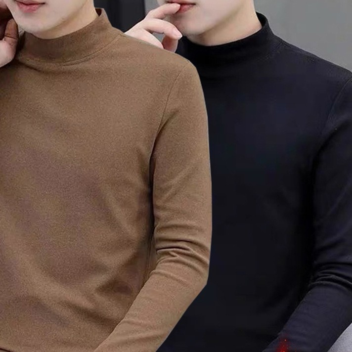 Men's Thermal Underwear Set with High Collar, Thickened and Fleece-Lined, Warm and Comfortable, Autumn Tops and Bottoms, Pure Cotton Sweater for Dad